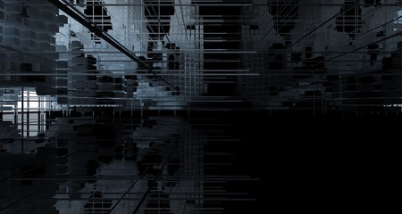 Abstract black  interior from array white and green cubes  with window. 3D illustration and rendering.