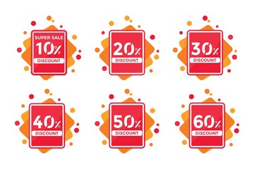 10%, 20%, 30%, 40%, 50%, 60% Discount. Sale tags set vector badges template. Sale offer price sign. Special offer symbol. Discount promotion. Discount badge shape. Vector design