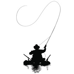 A vector image of a fly fisherman fishing out of a pontoon boat.