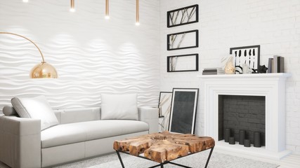 Modern design living room interior in Scandinavian style . 3D rendering