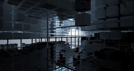 Abstract black  interior from array white and green cubes  with window. 3D illustration and rendering.