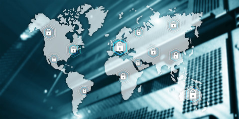 World Maps. Global cyber security concept communication privacy data protection server room...