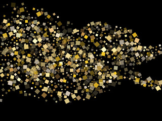 Festive gold square confetti sparkles falling on black. VIP New Year vector sequins background. Gold foil confetti party particles graphic design. Square sparkles invitation backdrop.