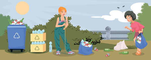 Funny people cleaning in park.