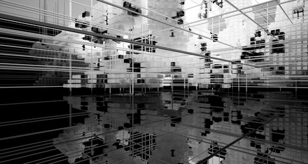 Abstract black  interior from array white and green cubes  with window. 3D illustration and rendering.