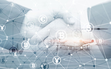 Bitcoin Euro Dollar Finance Web Money concept. oins on virtual screen double exposure.