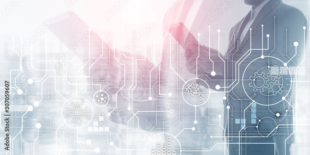 Poster electronic circuit board processor and gears on abstract business background.