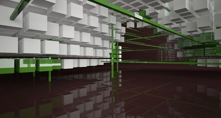 Abstract brown  interior from array white and green cubes  with window. 3D illustration and rendering.