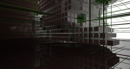 Abstract brown  interior from array white and green cubes  with window. 3D illustration and rendering.