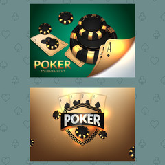Casino poster or banner background or flyer template. Casino invitation with Playing Cards and Poker Chips. Game design. Playing casino games. Vector illustration