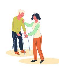 Naklejka na ściany i meble Young volunteer woman caring for elderly disabled man, flat vector illustration isolated on white background. Senior and handicapped people treatment and care, social support and responsibility. 