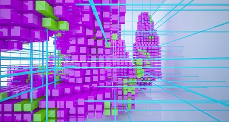 Abstract white interior from array colored cubes with window. 3D illustration and rendering.