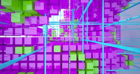 Abstract white interior from array colored cubes with window. 3D illustration and rendering.