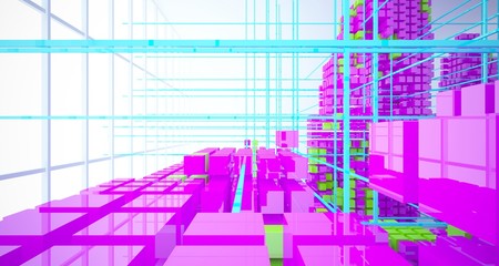 Abstract white interior from array colored cubes with window. 3D illustration and rendering.