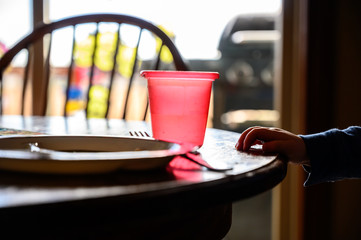 Young toddler with hand resting on table next to a red cup, plate, and fork