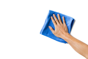 Abstract male hand holding blue microfiber cleaning cloth on white. Background copy space for add...