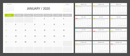 2020 calendar planner design template vector week start Sunday
