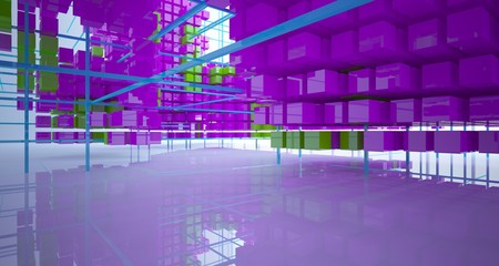 Abstract white interior from array colored cubes with window. 3D illustration and rendering.