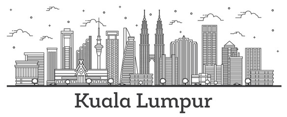 Naklejka premium Zarys panoramę miasta Kuala Lumpur Malezja z nowoczesnych budynków na białym tle.