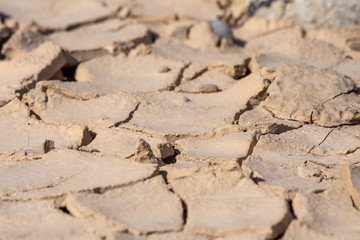 Dried Mud Design in the Sunshine in the desert of the United Arab Emirates (UAE) after a flood and storm near Jebal Jais mountain in Ras al Khaimah. Desert Concept.