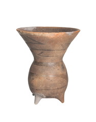 view of prehistoric pottery earthenware pot covered with old patina isolated on white background, 2300-3500 BCE., Lopburi, Thailand.