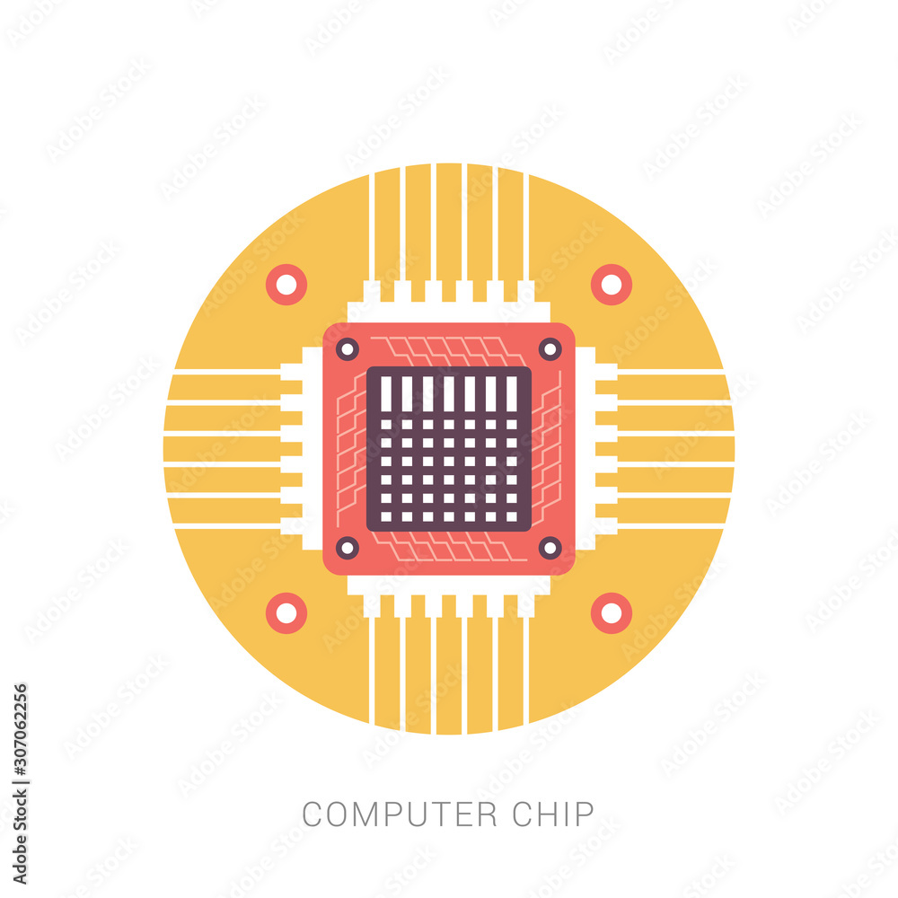 Poster flat style icon computer processor with microcircuits