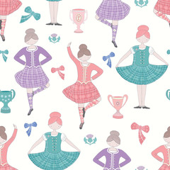 Scottish Highland dancing girls seamless repeat vector pattern background design.