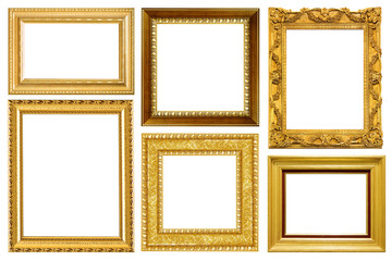collection of vintage gold picture frame isolated on white