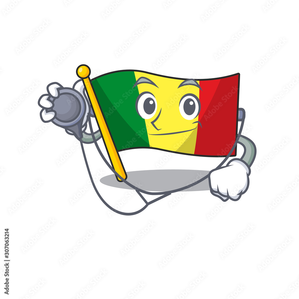 Sticker Flag mali cartoon mascot style in a Doctor costume with tools