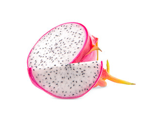 Dragon fruit (Pitaya) cut in half, top view, flat lay an isolated on white background