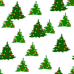 Festive Christmas trees seamless pattern. Green fir-trees decorated for New Year on white background. Yellow and red decorative holiday elements. Vector illustration for wallpapers, wrapping paper