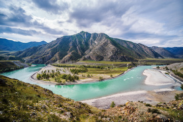 Landscape with the Katun River in the Altai Mountains in autumn