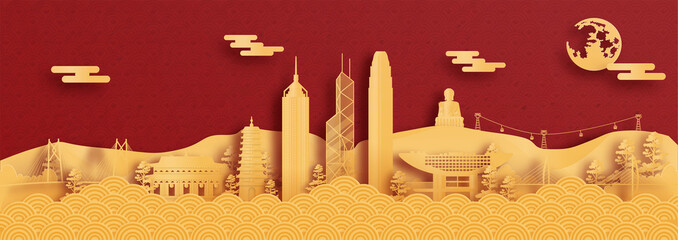 Panorama postcard and travel poster of world famous landmarks of Hong Kong, China in paper cut style vector illustration - obrazy, fototapety, plakaty