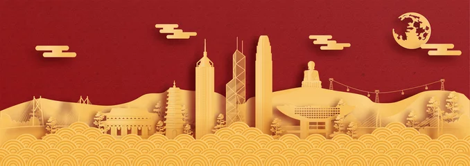 Foto op Plexiglas Panorama postcard and travel poster of world famous landmarks of Hong Kong, China in paper cut style vector illustration © ChonnieArtwork 