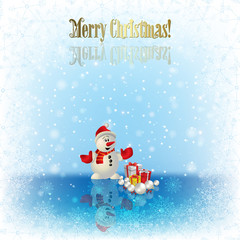 Abstract Christmas background with snowman and gifts on blue
