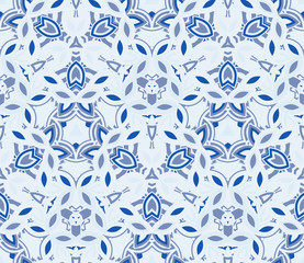 Blue kaleidoscope seamless pattern, background. Composed of abstract shapes. Useful as design element for texture and artistic compositions. - 307065417