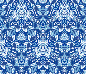 Blue kaleidoscope seamless pattern, background. Composed of abstract shapes. Useful as design element for texture and artistic compositions. - 307065423