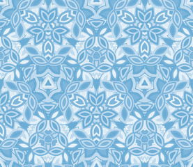 Blue kaleidoscope seamless pattern, background. Composed of abstract shapes. Useful as design element for texture and artistic compositions. - 307065438