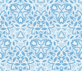 Blue kaleidoscope seamless pattern, background. Composed of abstract shapes. Useful as design element for texture and artistic compositions. - 307065449