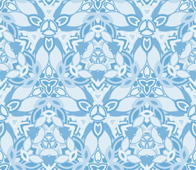 Blue kaleidoscope seamless pattern, background. Composed of abstract shapes. Useful as design element for texture and artistic compositions. - 307065470