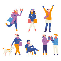 character set vector illustration of women and men shopping happily, celebrating holidays and year-end holidays with shopping discounts and gifts