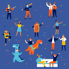 various kinds of characters of people who party on New Year's Eve, the concept of illustration of party people, with costumes and food celebrating the turn of the year