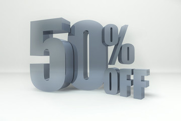 Metal discount fifty percent on a white background. A 50% discount. 3D illustration