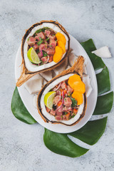 Easter island Tahitian, Hawaiian Tuna Ceviche with sweet potato in Natural zero waste coconuts plates