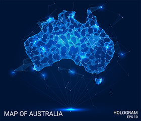 Hologram Of Australia. Map of Australia from polygons, triangles points and lines. Map of Australia low poly composite structure. Technological concept.