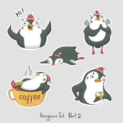 angel, animals, antarctic, cartoon, character, christmas, coffee cup, collection, comic, cute, design, doodles, element, emotions, funny animals, hat, hi, holiday, illustration, isolated, penguins, re