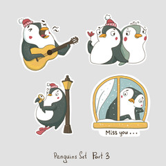 Set of stickers with cute penguins, colorful flat illustrations, stickers for scrapbooking and card design.