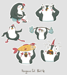 Set of stickers with cute penguins, colorful flat illustrations, stickers for scrapbooking and card design.