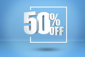 Fifty percent off on a blue background. A 50% discount. 3D illustration