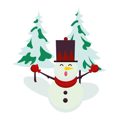 christmas snowman with pines trees character